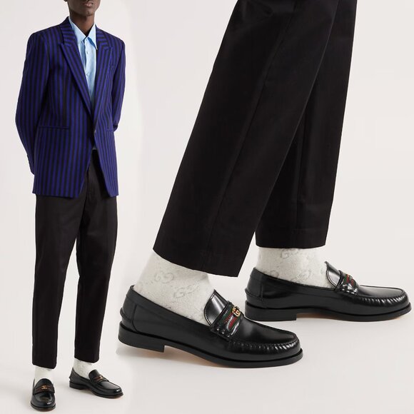 GUCCI SHOES MENS LOAFERS WEB BIT-STRAP G LOGO BLACK LEATHER sz 12.5 US 13 - Picture 4 of 15